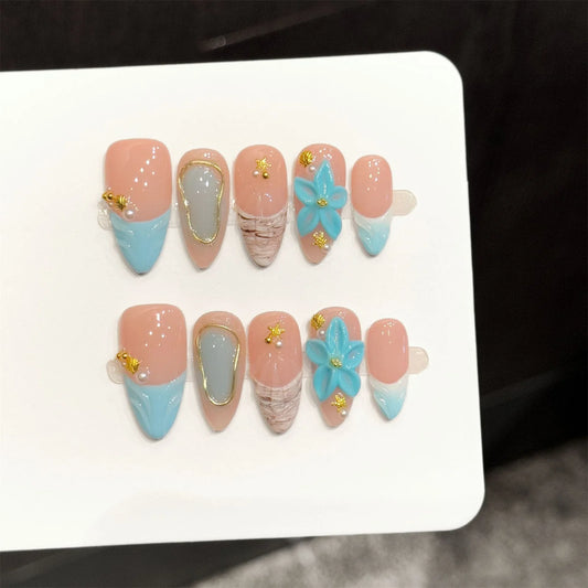 Handmade Press On Nails 10pcs Almond Ocean Style Fake Nails 3D Carved Flower Decor Wearable Fashion French False Nails For Women Peaceful Pleasures Health and Wellness