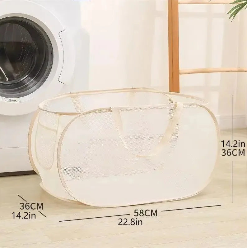 1pc Handy Laundry Mesh Popup Hamper, Foldable Lightweight Basket For Washing, Durable Clothing Storage Peaceful Pleasures Health and Wellness Beige A