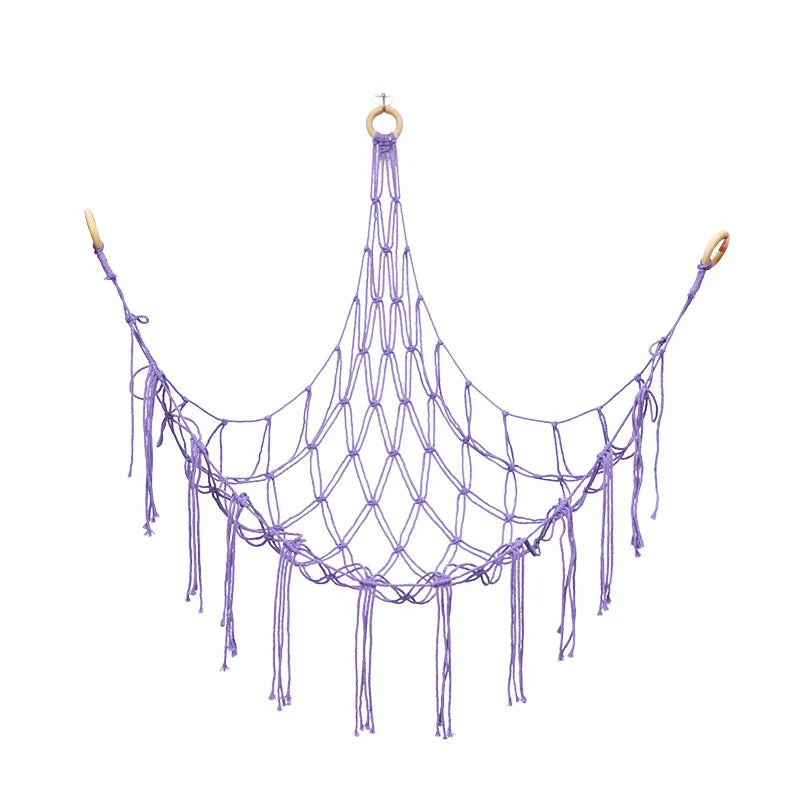 Corner Mounted Toy Storage Net Handwoven Cotton String Triangle Pouch Plush Doll Hammock Kids Room Organizer Peaceful Pleasures Health and Wellness Purple 100x100x140
