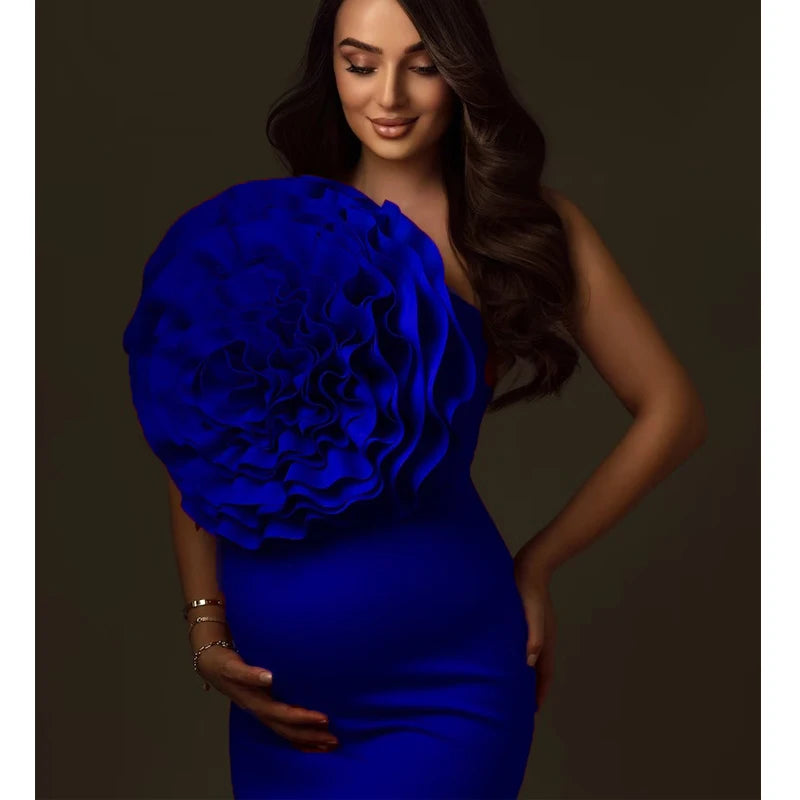 Red Maternity Photoshoot Dress - Stretch Polyester Bodycon Gown with Oversized Handmade Flowers - Baby Shower & Pregnancy Photo Peaceful Pleasures Health and Wellness