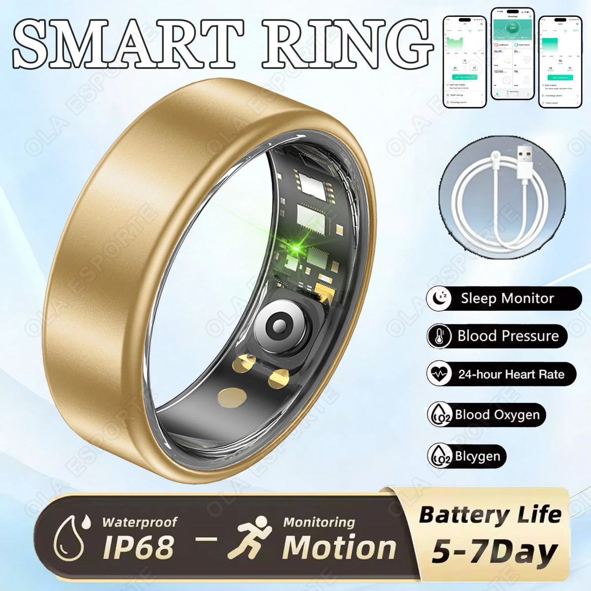 New R09 Smart Ring Men Women with Charging Case,Heart Rate Blood Oxygen,Skin Temperature Monitor,5ATM Waterproof For Android iOS Peaceful Pleasures Health and Wellness Gold 14