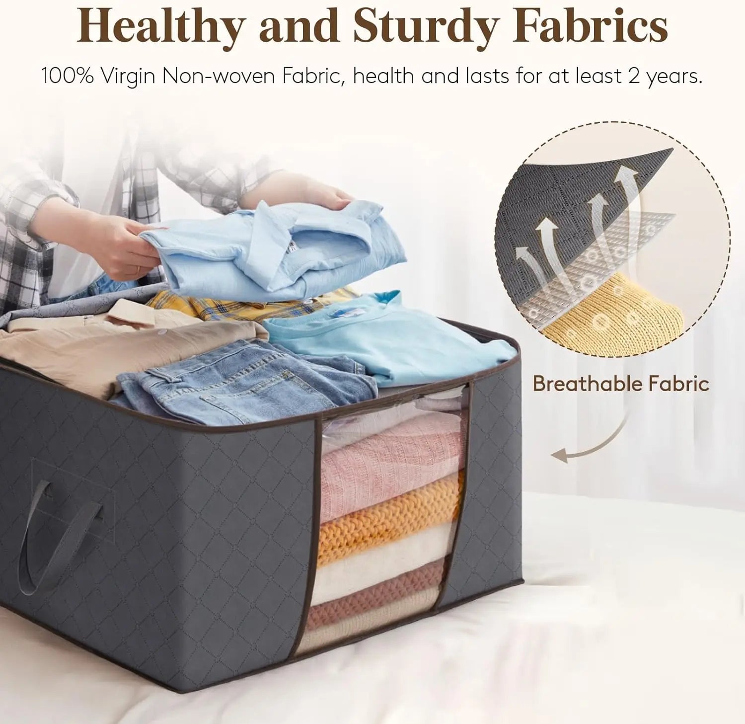 Storage bag with clothes labeled as healthy and sturdy fabrics with breathable feature.