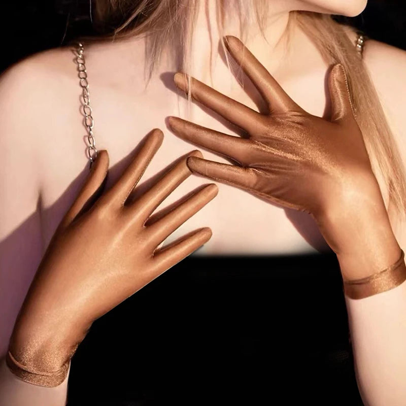 NEW Women Oil Glossy Tight Stocking Gloves Sexy High Elastic Transparent Ultra-Thin Clubwear Short Wrist Gloves Peaceful Pleasures Health and Wellness coffee round edge