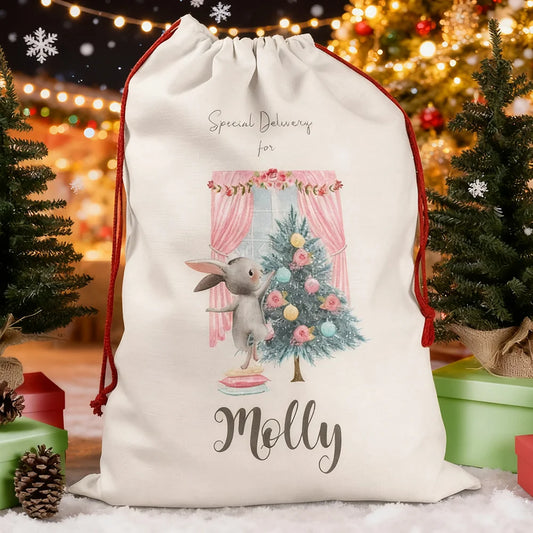 Personalized Pink Bunny Christmas Sack | Large Girl's Santa Bag Christmas Gift Sack Peaceful Pleasures Health and Wellness