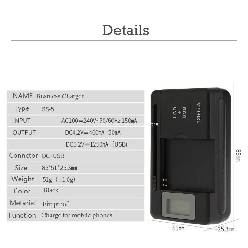 Universal LCD Battery Charger with USB Port, 32-55mm Adjustable, For Cell Phone & Camera Batteries, US/UK/EU Plug Peaceful Pleasures Health and Wellness