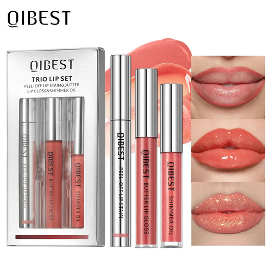 QIBEST 3pcs Multifunctional Makeup Sets Peel Off Lip Stain,Lip Glaze,Shimmer Lip Oil Long Lasting Lip Gloss Tint Cosmetics Kits Peaceful Pleasures Health and Wellness