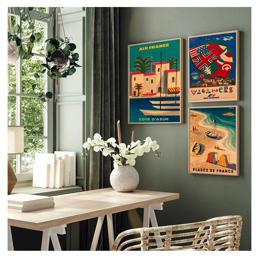 France & Japan Vintage Travel Canvas Poster | Unframed Wall Art