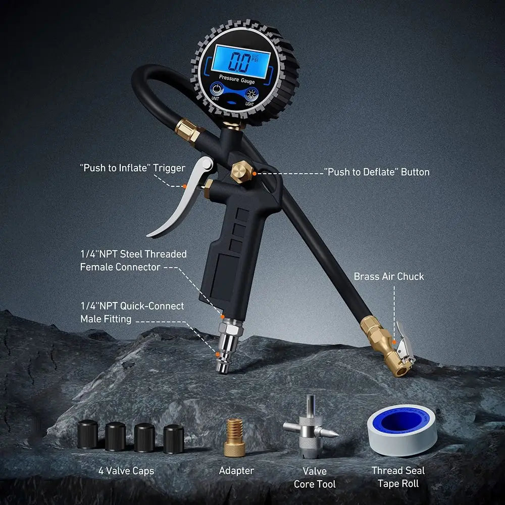 Digital Tire Pressure Gauge 250 PSI 0.1 Resolution Heavy Duty Air Chuck for Tire Inflator Compressor Peaceful Pleasures Health and Wellness