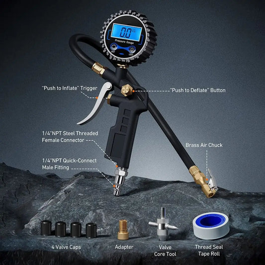 Digital Tire Pressure Gauge 250 PSI 0.1 Resolution Heavy Duty Air Chuck for Tire Inflator Compressor Peaceful Pleasures Health and Wellness
