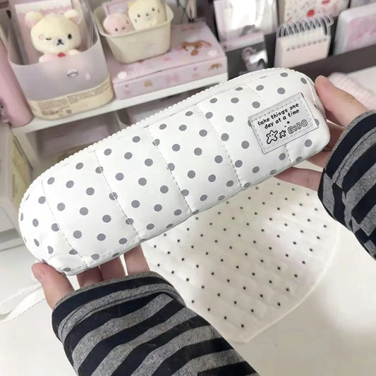 Korean White Polka Dot Pencil Case Ins Minimalist Student Portable Peaceful Pleasures Health and Wellness