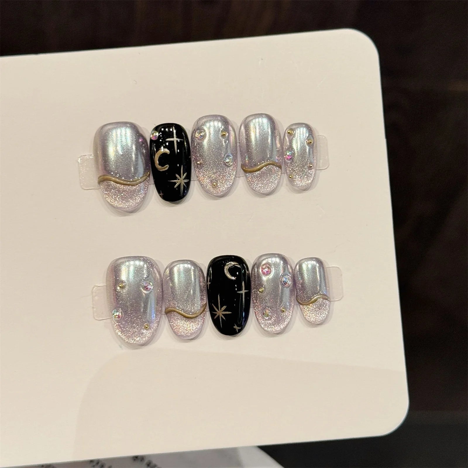 10pcs Sweet Stars Bow Handmade Fake Nails Press on Nails Gentle Cat's Eye Fake Nails French Tips Detachable Wedding False Nails Peaceful Pleasures Health and Wellness M