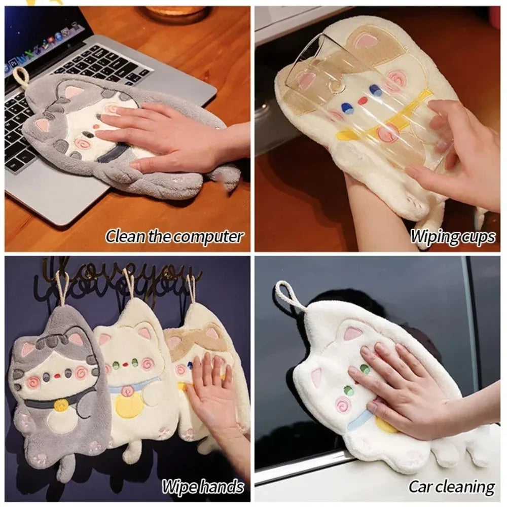 Cute Cat Hand Towel Quick Drying Kitchen Cleaning Rag Coral Velvet Cartoon Animal Absorbent Bathroom Hanging Towel Home Supplies Peaceful Pleasures Health and Wellness
