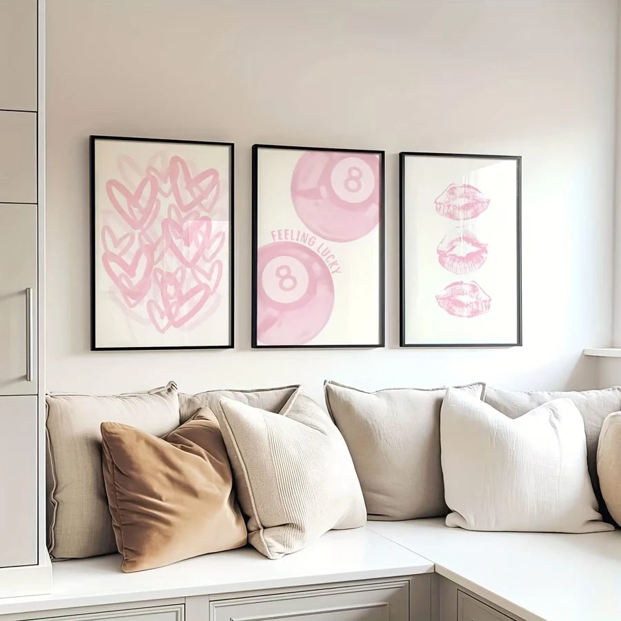 3-Piece Kissing Lips Abstract Pink Canvas Wall Art Print Set