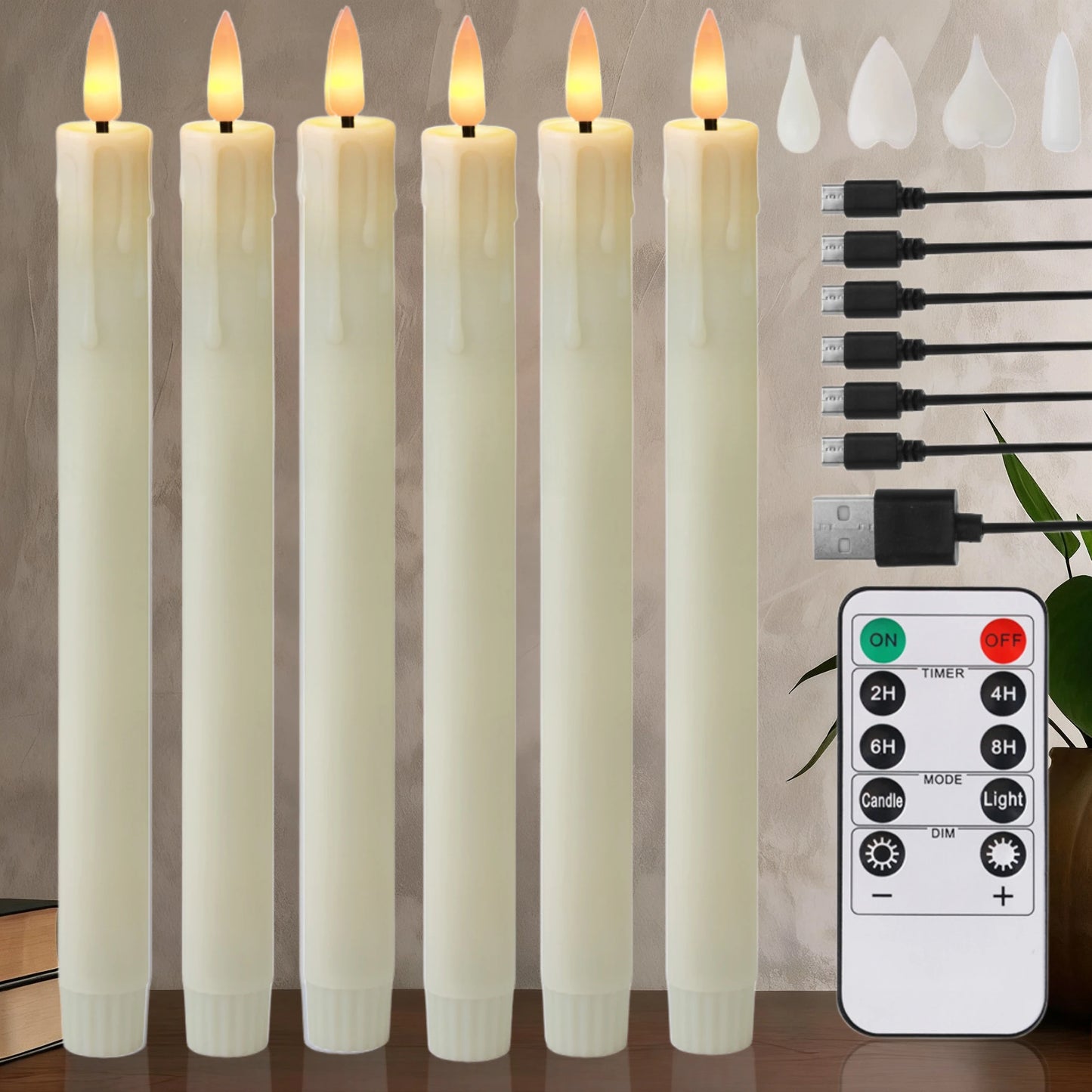 Rechargeable Flameless LED Taper Candles with Timer & Remote 6pk