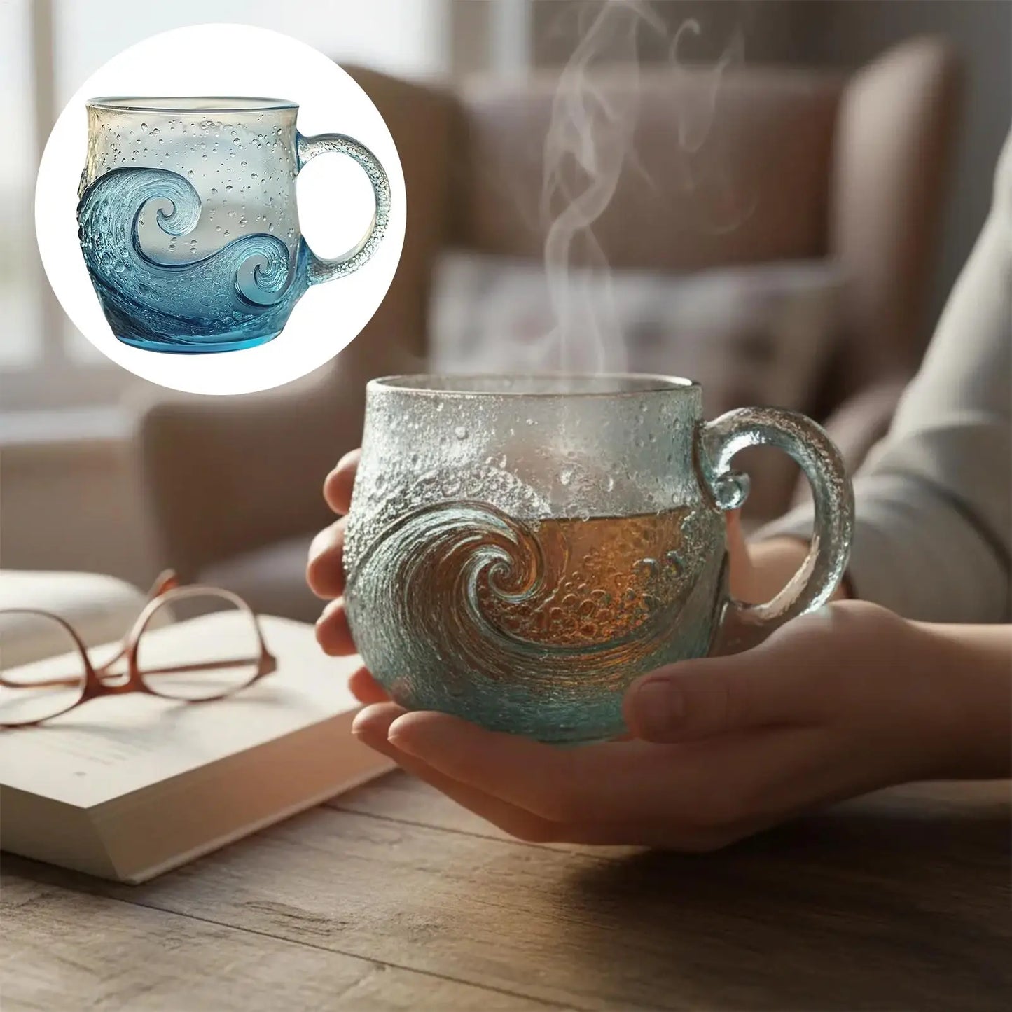 300ml Glass Mug Hand-blown Glass Sea Wave Design Water Bottle Ocean Waves Coffee Mugs With Handle Home Office Milk Tea Mug Peaceful Pleasures Health and Wellness