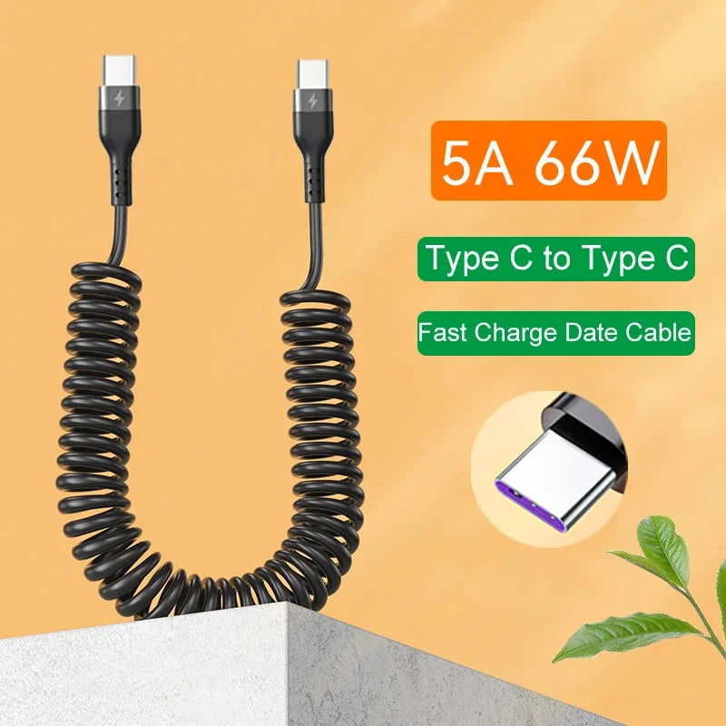 Coiled USB-C Cable 5A 66W Fast Charging 1.5m – Car & Daily