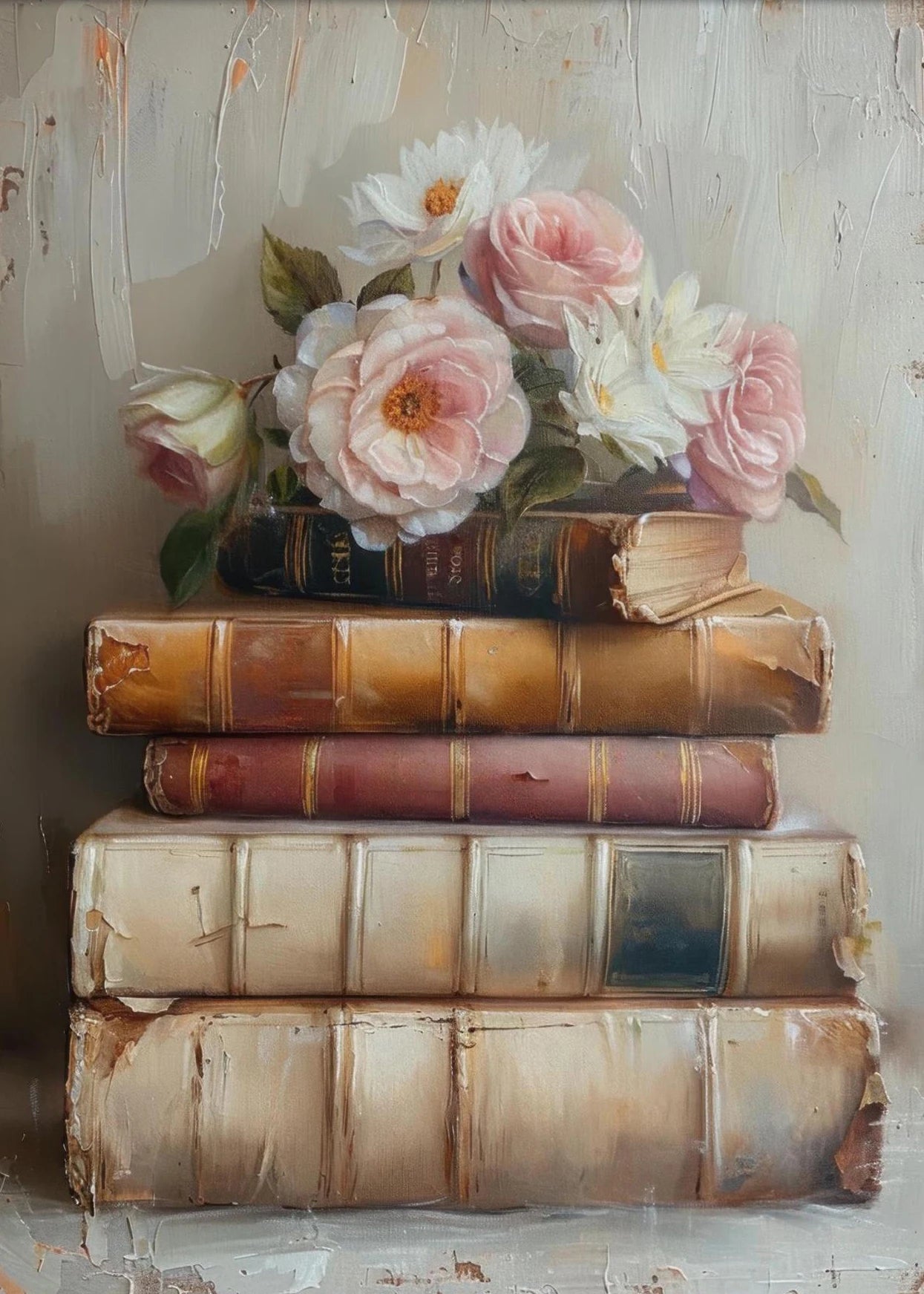 Books & Flowers Vintage Canvas Wall Art | Pink Farmhouse Print