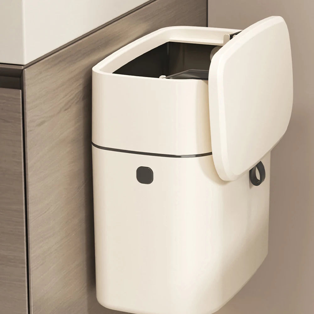 Wall Mounted Trash Bin for Kitchen, No Drill Adhesive, 8L Large Capacity, Narrow Space Design with Lid, Modern Home Peaceful Pleasures Health and Wellness