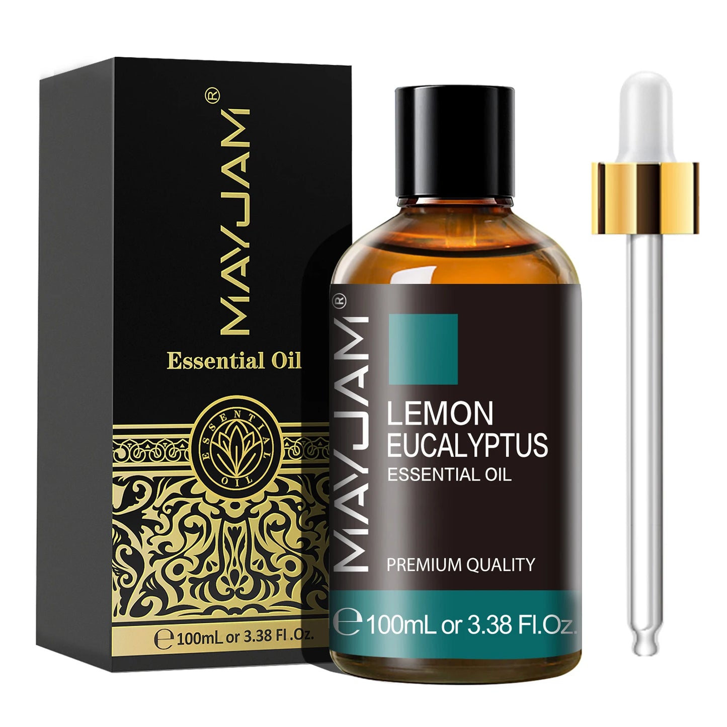 MayJam Lemon Eucalyptus essential oil bottle with packaging on a white background