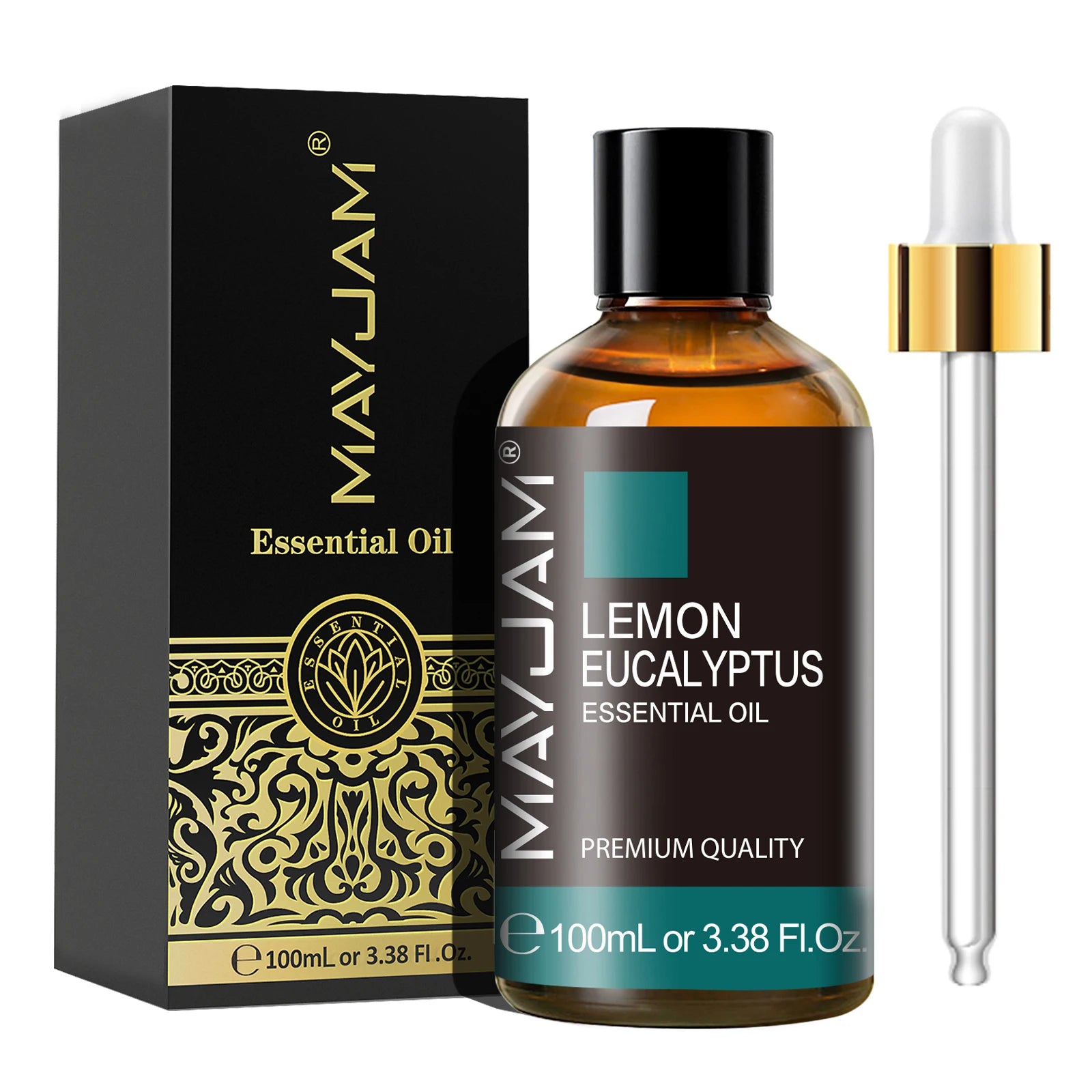 MayJam Lemon Eucalyptus essential oil bottle with packaging on a white background