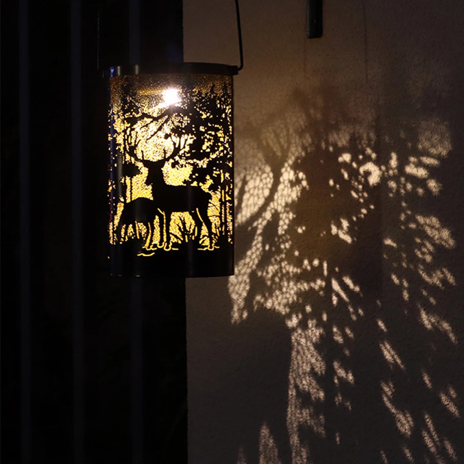 Solar Powered Deer Shaped Iron Lantern Outdoor Garden Decor with Etched Cutout Design Projection Light for Patio Yard Decoration Peaceful Pleasures Health and Wellness