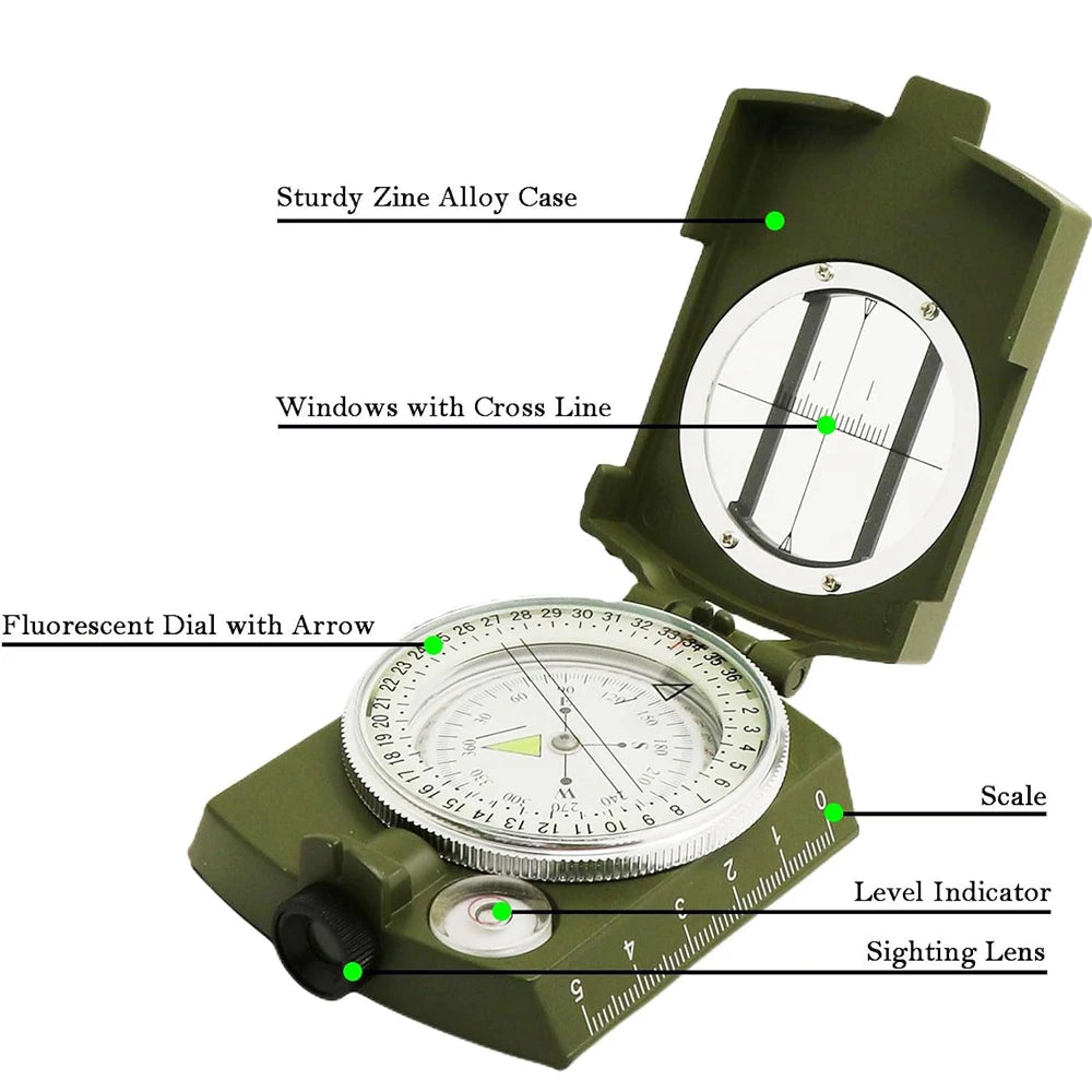 Tactical Waterproof Compass High Precision Professional Metal Sight Clinometer Compass Luminous for Outdoor Survival Essential ﻿ Peaceful Pleasures Health and Wellness