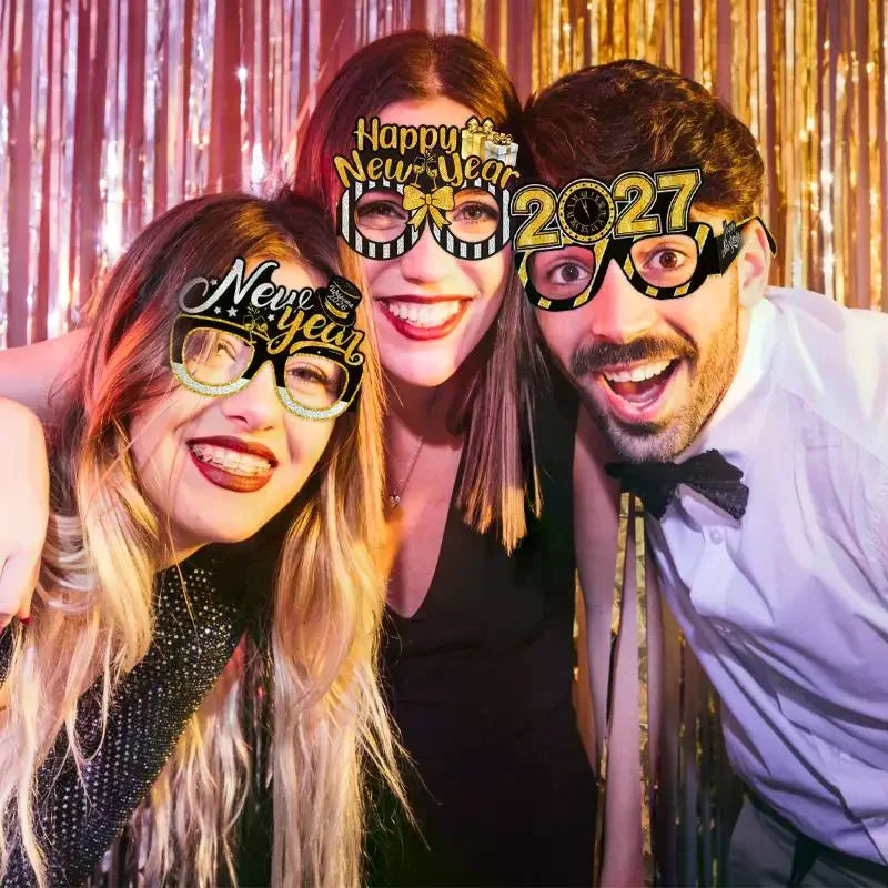 2027 New Year Party Paper Glasses 6pcs Black Gold Glitter