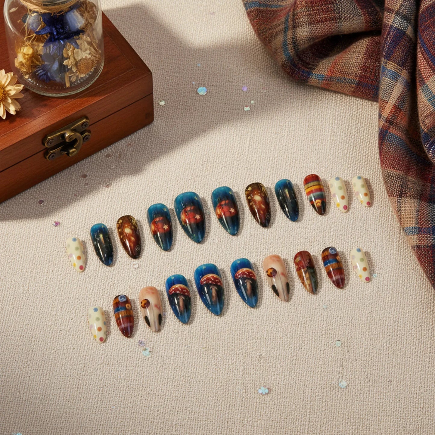 24pc Almond Press On Nails | Sky Graffiti Plaid Design
