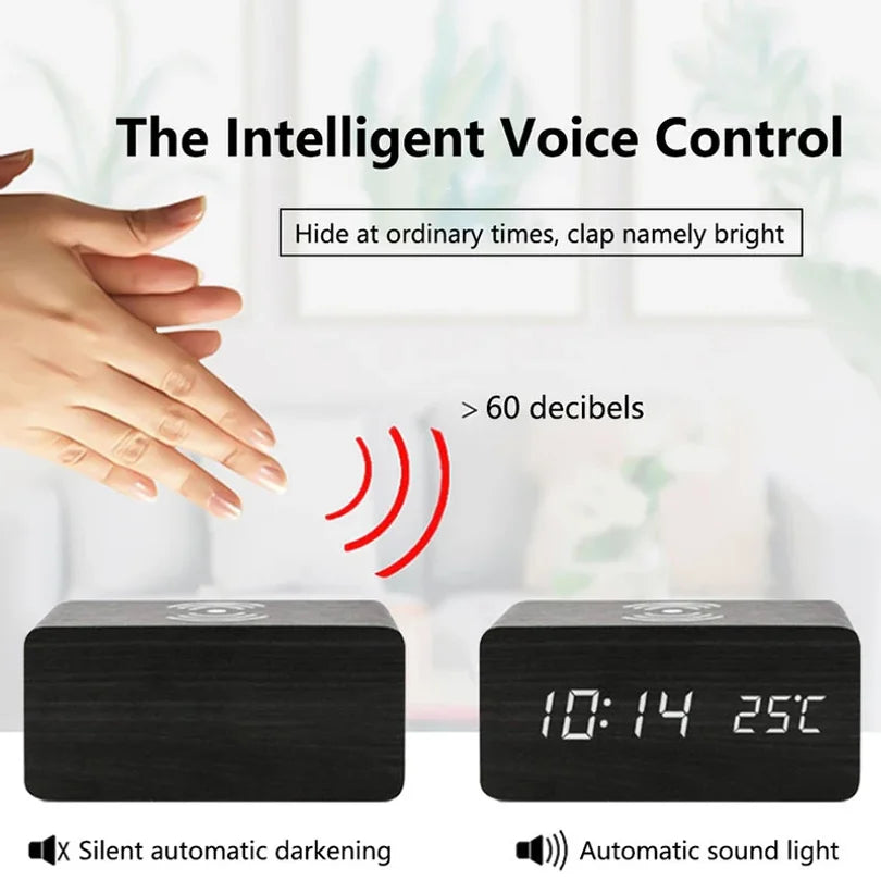 Wooden Digital Alarm Clock with Wireless Charging LED Clock with Time Date Temperature Desk Clocks for Office Bedside Clock Peaceful Pleasures Health and Wellness