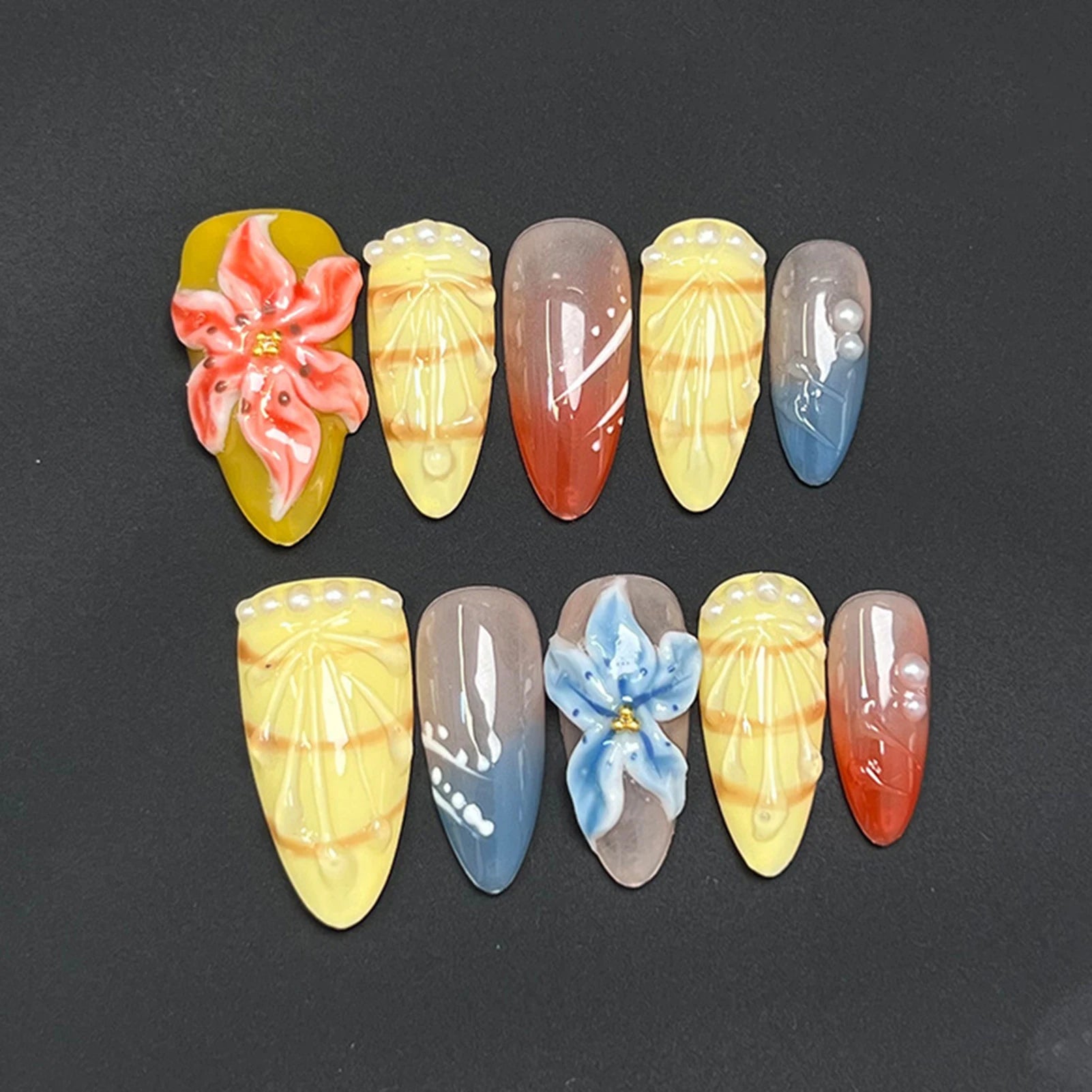 10pcs Handmade Dopamine Press on Nails French Style 3D Tropical Flower Decor Fake Nails Wearable Romantic Almond False Nail Tips Peaceful Pleasures Health and Wellness XS