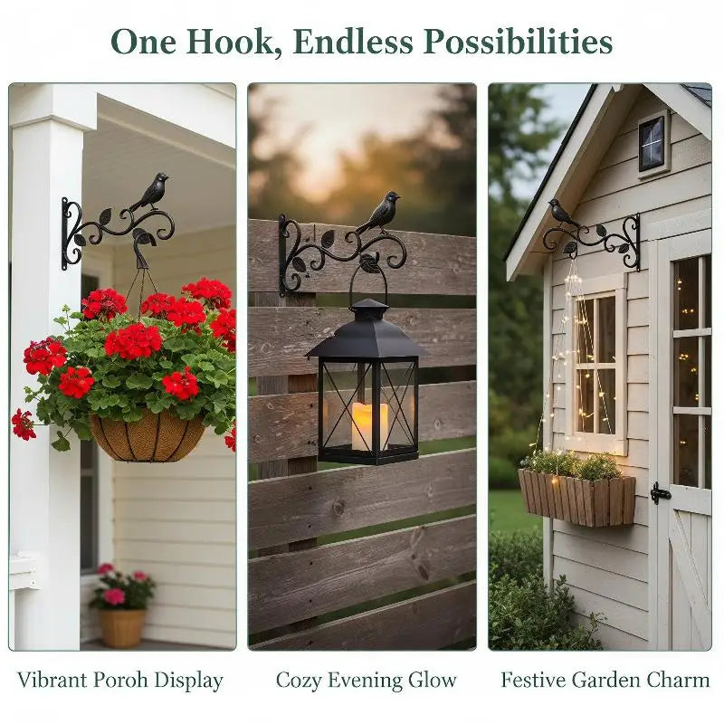 Wrought Iron Hanging Plant Bracket – Bird & Leaf Wall Decor