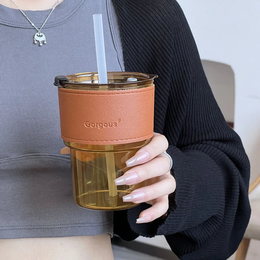 400ml Glass Water Bottle with Bamboo Lid & Straw – Transparent Cup