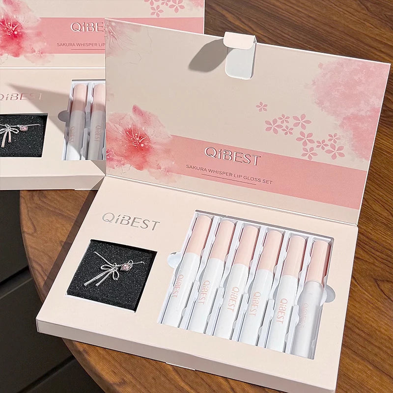 QIBEST 6Pcs/Box Matte Velvet Lipstick Sets Lasting Lip Glaze Kits Moisturizing Mirror Watery Lipgloss Makeup Set Necklace Gift Peaceful Pleasures Health and Wellness