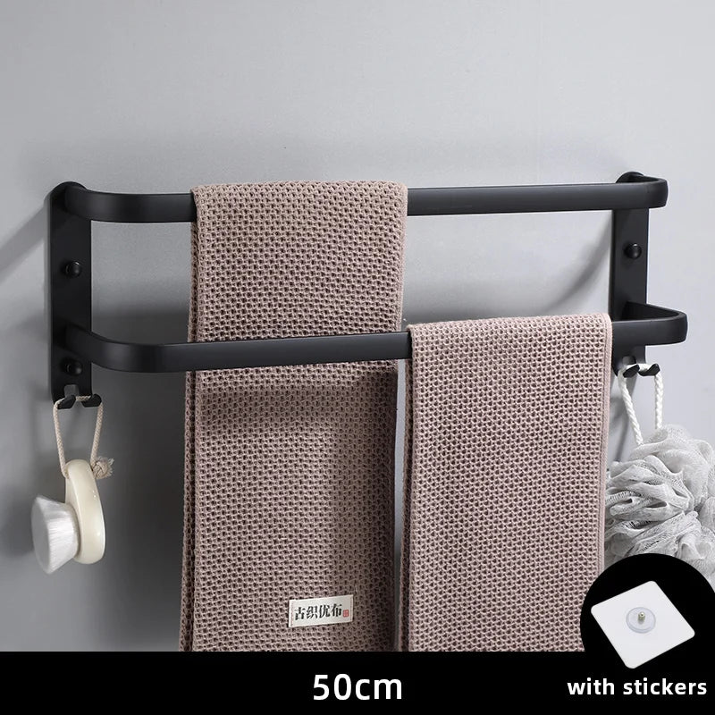 Matte Black Double Towel Bar Wall Mounted Aluminum Rack 30–50cm