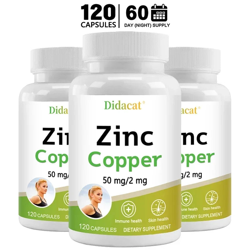 Zinc + Copper Capsules - Support Healthy Skin and Immune System, Increase Vitality, Skin Care Peaceful Pleasures Health and Wellness 120 count-3 bottle
