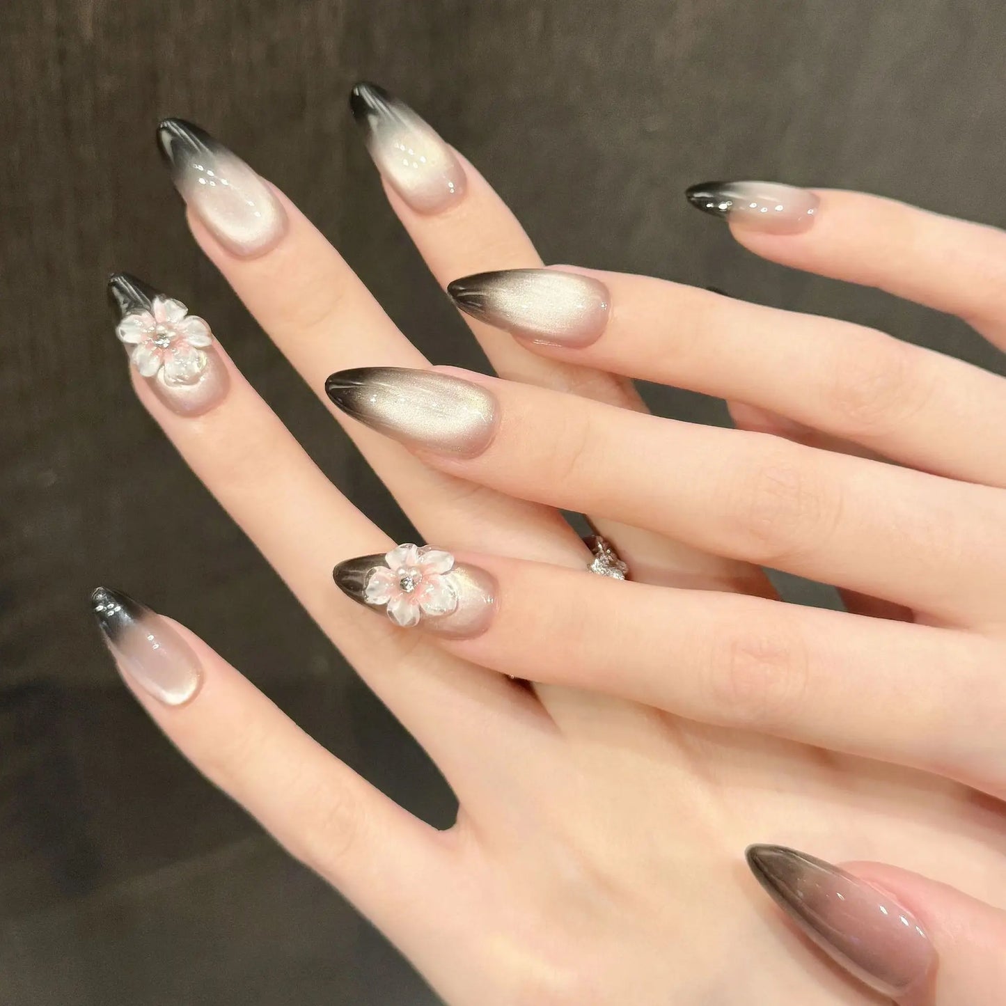 10pcs Handmade Almond Press on Nails Gradient Black Cat Eye Fake Nails Wearable Reusable 3D Carved Flower Design False Nail Tips Peaceful Pleasures Health and Wellness