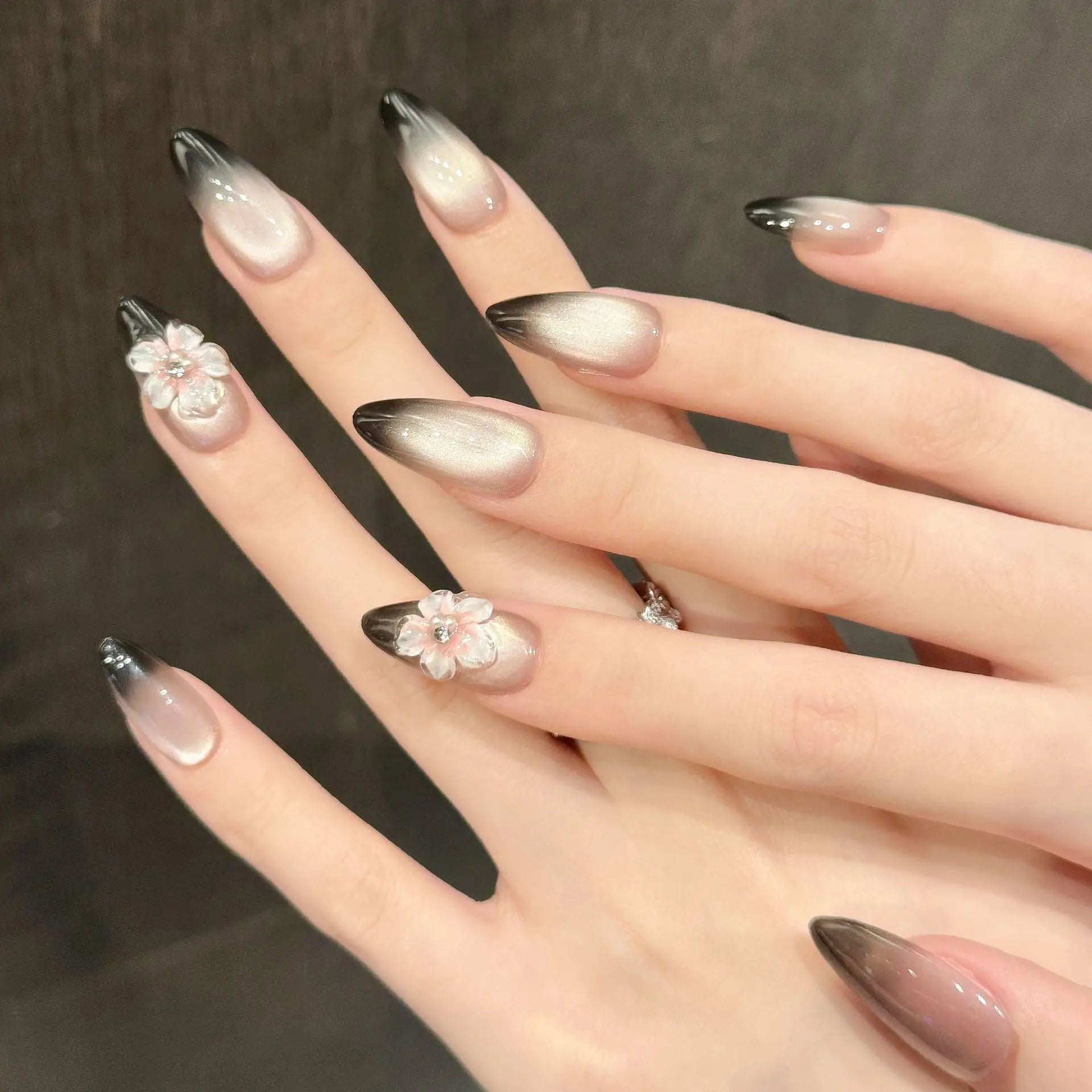 10pcs Handmade Almond Press on Nails Gradient Black Cat Eye Fake Nails Wearable Reusable 3D Carved Flower Design False Nail Tips Peaceful Pleasures Health and Wellness