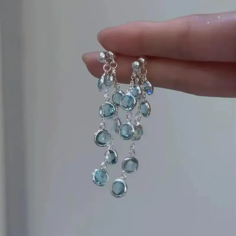 Fresh Light Blue Purple Sparkling Diamond Tassel Earrings Luxurious and Niche Delicate White Earrings Korean Style Cool Earrings Peaceful Pleasures Health and Wellness