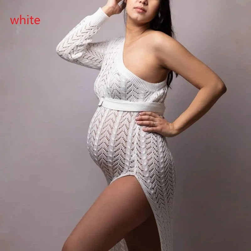 Pregnancy Dress Shoot Gold Knitted Maternity Dresses for Photo Shoot Robe Transparent hollowed Clothing Props Peaceful Pleasures Health and Wellness white S China Mainland