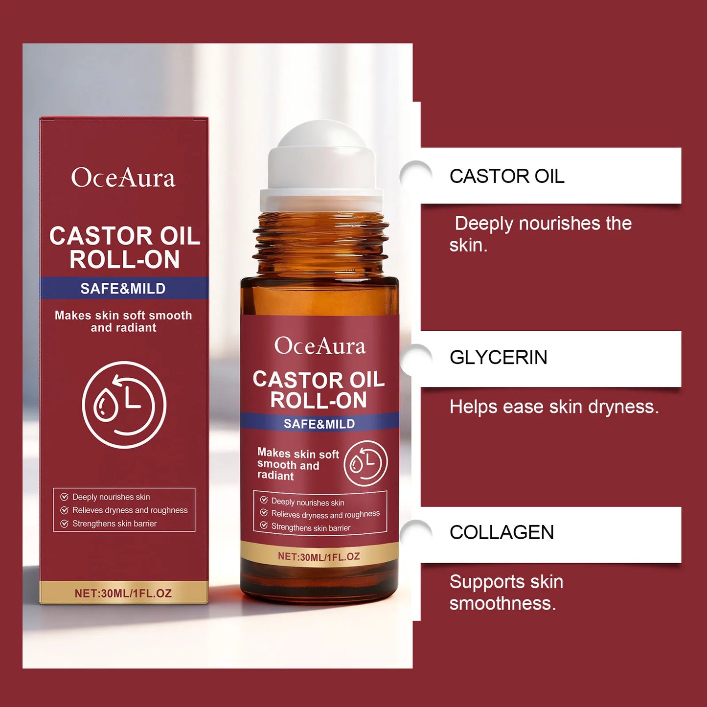 OceAura Castor Oil Rollerball Face Serum | 30ml Moisturizer