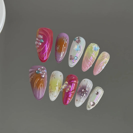 10pcs Handmade Press on Nails Sweet Cool Aurora Butterfly Star Fake Nail Tips Wearable Summer Spice Girls Almond False Nails Peaceful Pleasures Health and Wellness