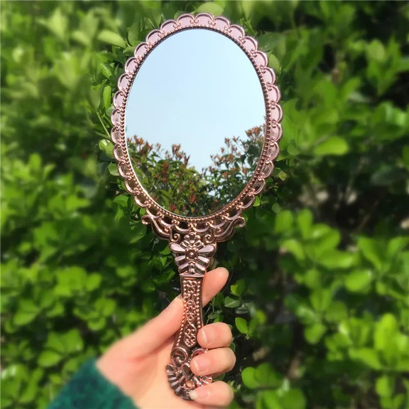 2pcs Ladies Makeup Hand Hold Mirror, Oval Round, Floral, Vintage, Princess Lady Beauty Dresser Gift Peaceful Pleasures Health and Wellness gold