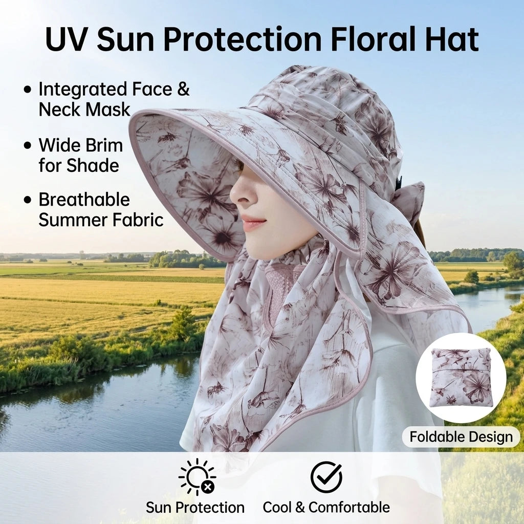 Sun Protections Hat with Face-Mask UV Resistant Wide Brim for Outdoor Cycling Farming Peaceful Pleasures Health and Wellness
