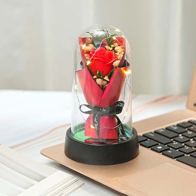 Romantic Gift Everlasting Rose LED Glass Dome Bouquet Romantic Illuminated Ornament Perfect Valentine's Day Christmas Home Decor Peaceful Pleasures Health and Wellness D