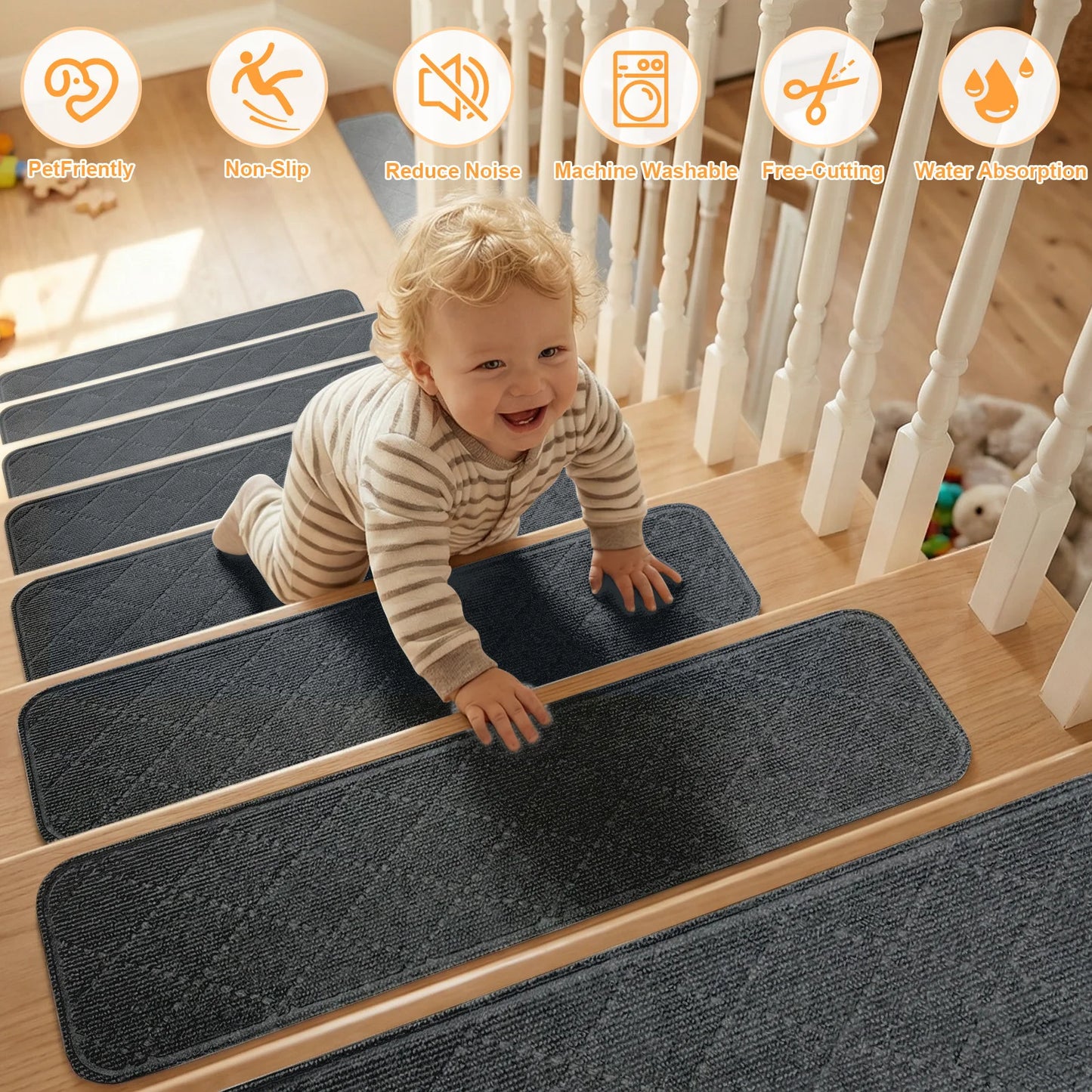 Non-Slip Self-adhesive Edging Stair Treads Indoor Soft Safety Stair Runners TPE Backing for Home Wooden Steps Kids Dogs Pads Peaceful Pleasures Health and Wellness Deep Grey 76x20x0.5cm 15pc