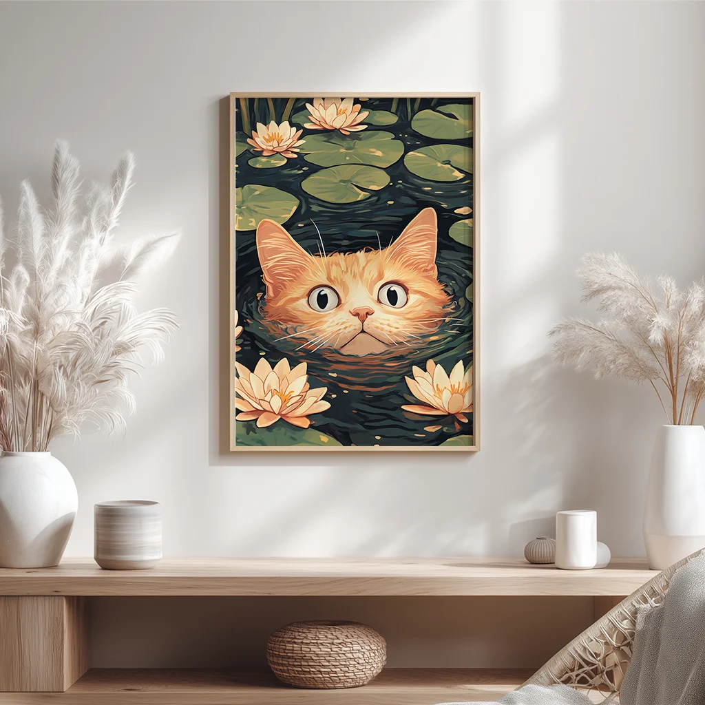 Vintage Animal Wall Art, Impressionist Water Lily Cat Canvas Painting, Nordic Poster Print for Bedroom Living Room Wall Decor Peaceful Pleasures Health and Wellness