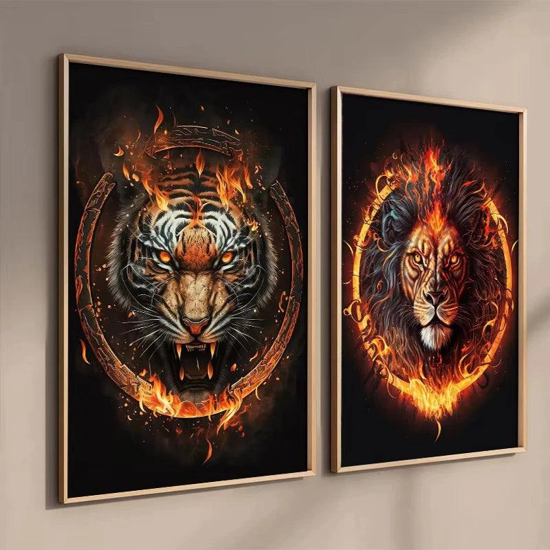 Fire Tiger Lion Wolf Canvas Wall Art | Wild Animals Poster