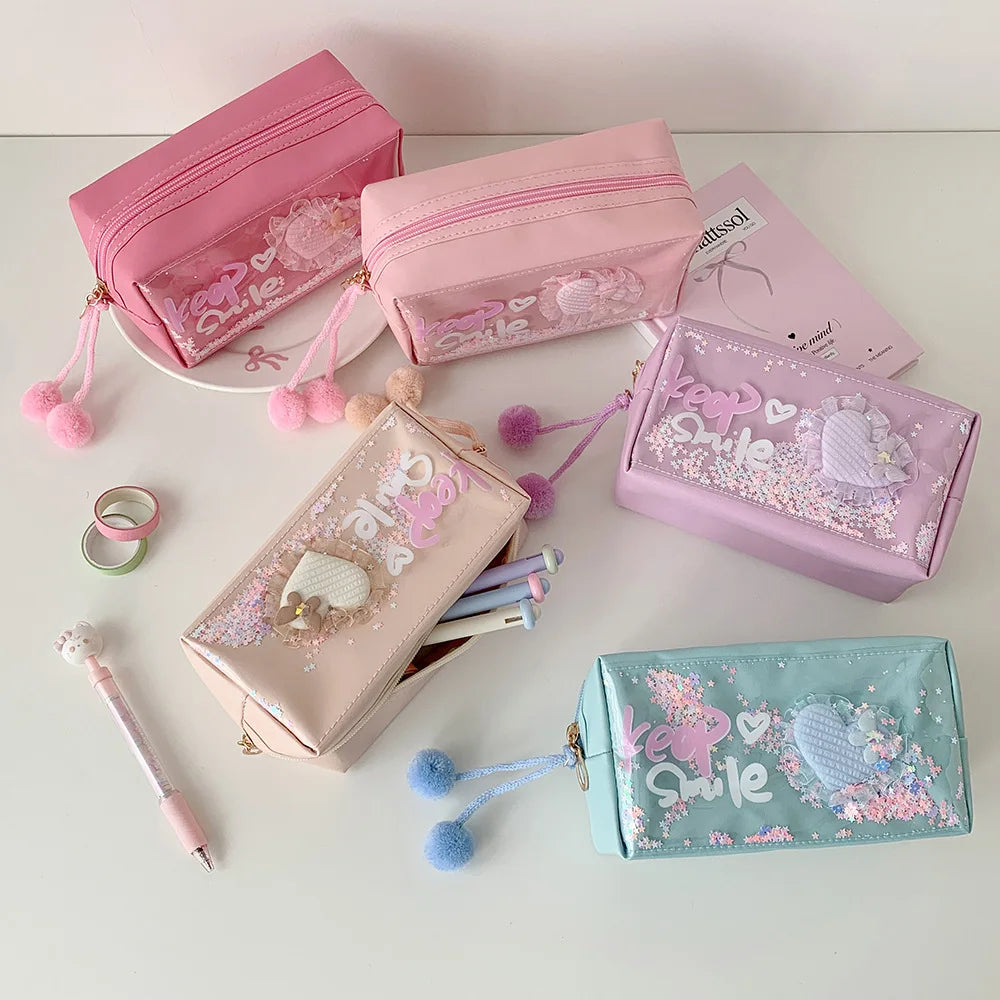 Creative Love Flowing Sand Pencil Bag Student Large Capacity