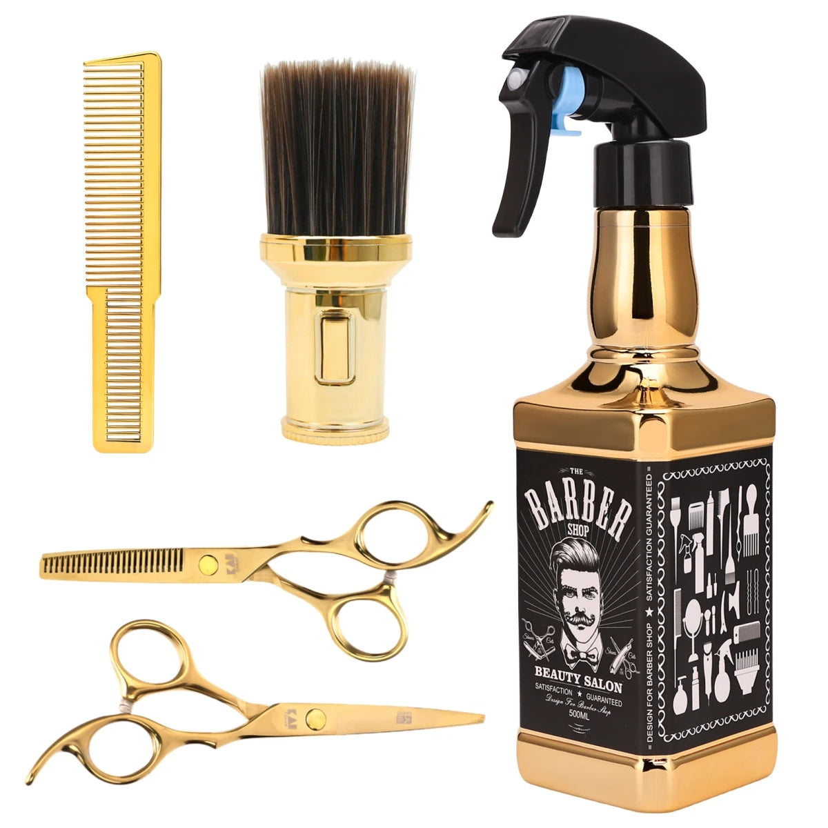 5pcs Gold Haircut Tools Set Hairdressing Comb Cleaning Neck Brush 6 inch Styling Scissors 500ml Spray Bottle Barber Tools Set Peaceful Pleasures Health and Wellness set