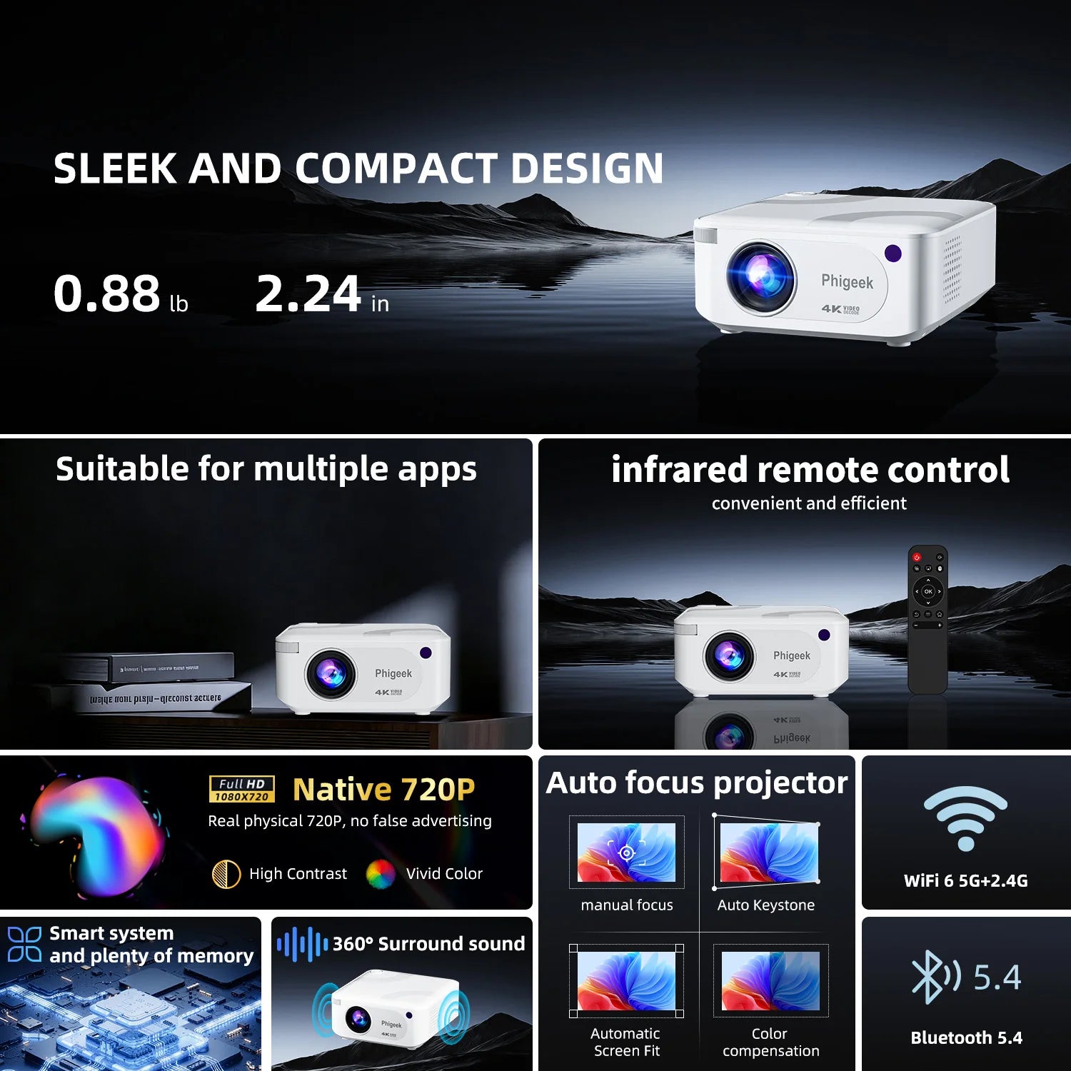 Mini Projector 300 ANSI Android11 Dual WiFi6 BT5.0 4K 720P Built-in App 1080P Video Home Cinema SmartPhone Digital Projector Peaceful Pleasures Health and Wellness